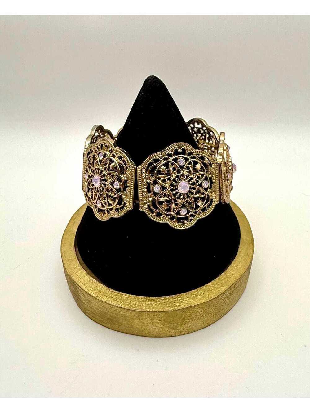 Vintage Gold Tone Filigree Stretch Bracelet Pink Rhinestones